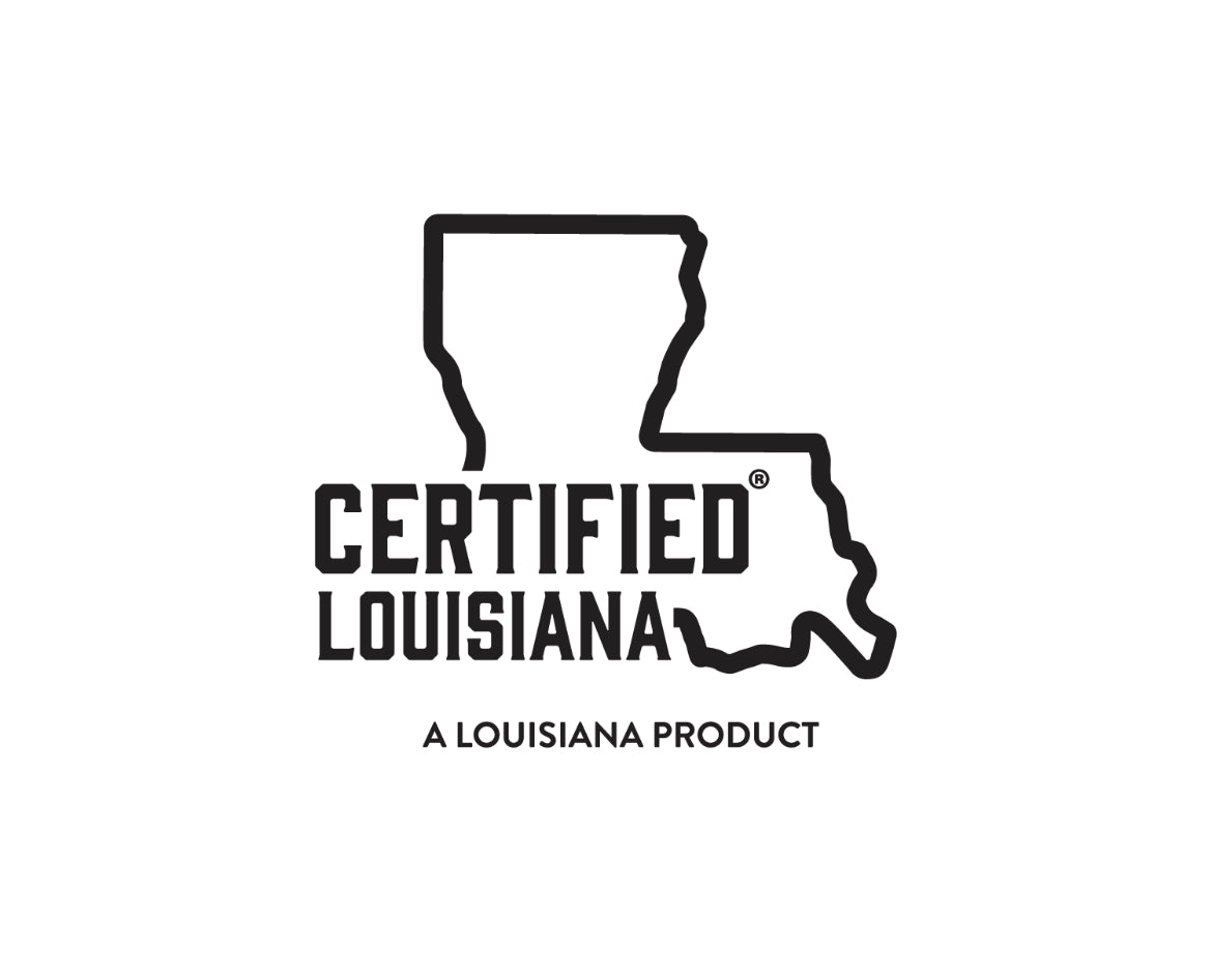 Certified Louisiana logo with state outline, representing officially recognized products made in Louisiana. Symbol of authenticity, local sourcing, and Louisiana-made goods.