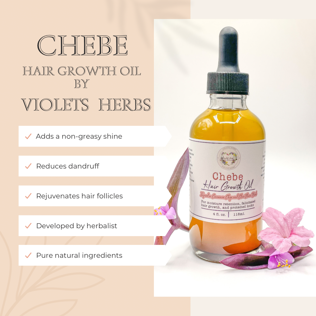 Pure Natural Chebe Hair Growth and Thickening Oil Treatment infused in Chebe Powder Essential Oils and Locally Grown Herbs